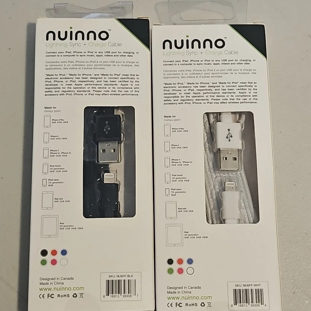 2 Pack Nuinno Lightning Charge and Synch 6ft cable iPod iPhone iPad Black/White